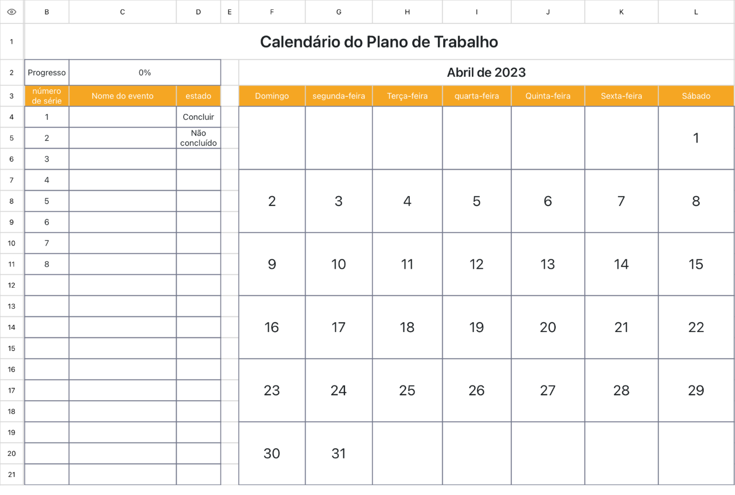 Calendário do Plano do Projeto